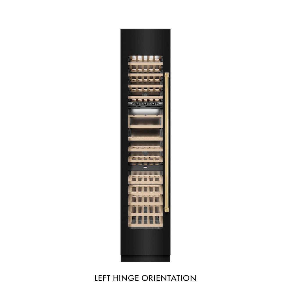 ZLINE Autograph Edition 18 in. 9.0 cu. ft. Triple Zone 68 Bottle Left Hinge Column Wine Cooler in Black Stainless Steel with Polished Gold Accents (RCWVLZ-BS-18-G) front, closed.