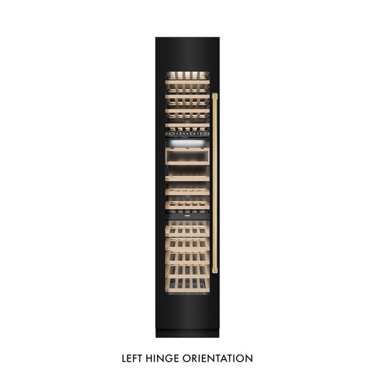 ZLINE Autograph Edition 18 in. 9.0 cu. ft. Triple Zone 68 Bottle Left Hinge Column Wine Cooler in Black Stainless Steel with Polished Gold Accents (RCWVLZ-BS-18-G) front, closed.