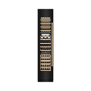 ZLINE Autograph Edition 18 in. 9.0 cu. ft. Triple Zone 68 Bottle Left Hinge Column Wine Cooler in Black Stainless Steel with Polished Gold Accents (RCWVLZ-BS-18-G) front, closed.