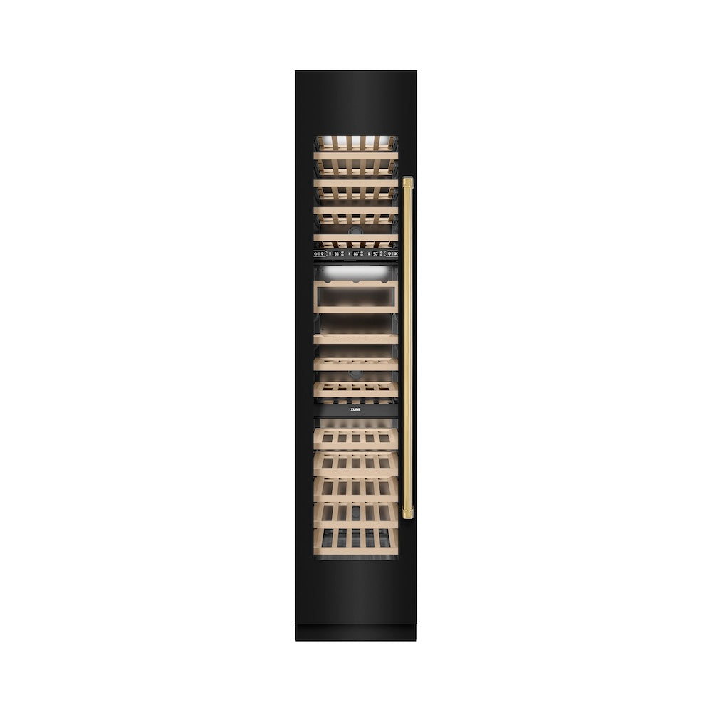 ZLINE Autograph Edition 18 in. 9.0 cu. ft. Triple Zone 68 Bottle Left Hinge Column Wine Cooler in Black Stainless Steel with Polished Gold Accents (RCWVLZ-BS-18-G) front, closed.