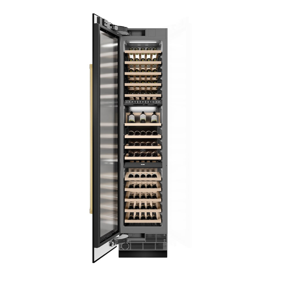 ZLINE Autograph Edition 18 in. 9.0 cu. ft. Triple Zone 68 Bottle Left Hinge Column Wine Cooler in Black Stainless Steel with Polished Gold Accents (RCWVLZ-BS-18-G) front, open.