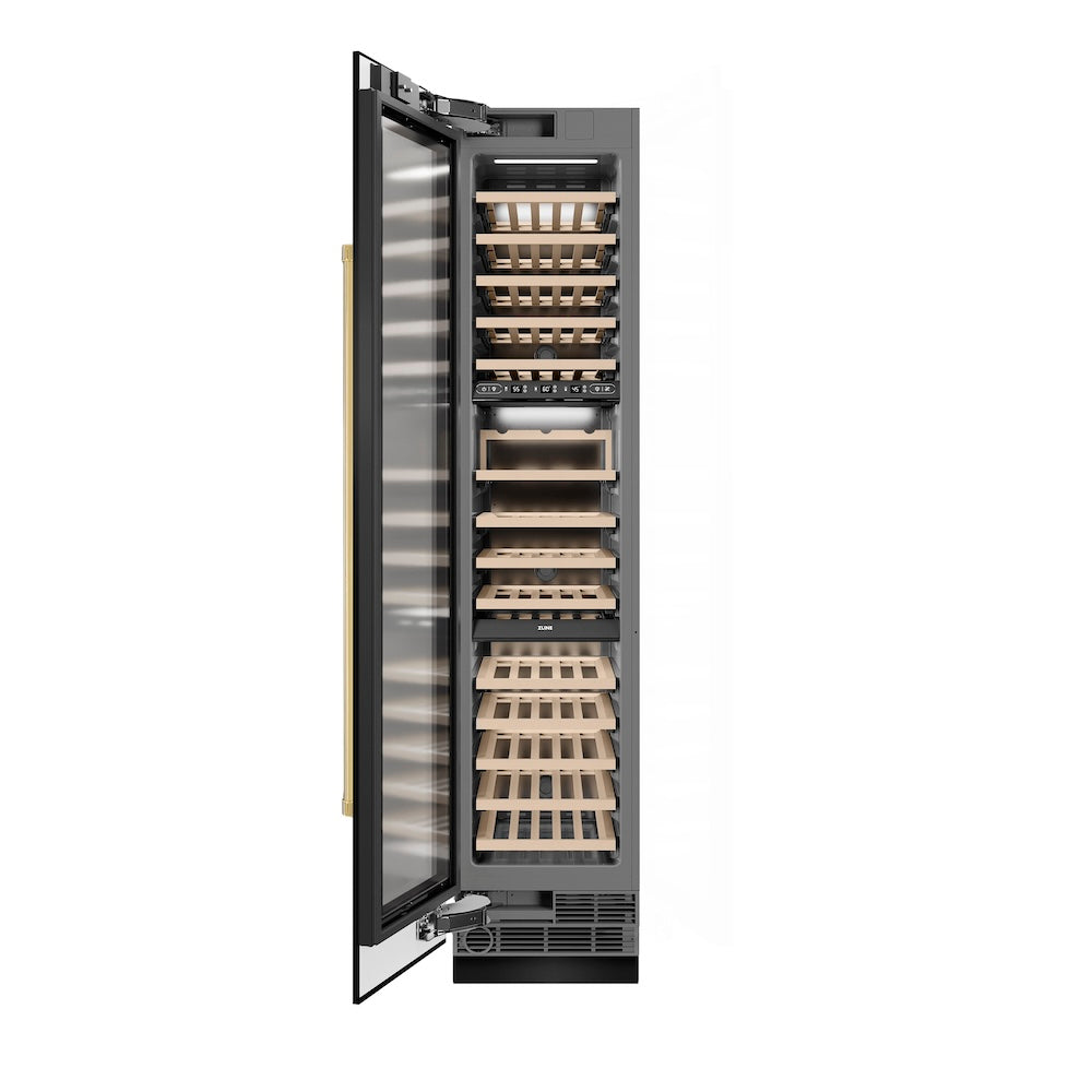 ZLINE Autograph Edition 18 in. 9.0 cu. ft. Triple Zone 68 Bottle Left Hinge Column Wine Cooler in Black Stainless Steel with Polished Gold Accents (RCWVLZ-BS-18-G) front, open.