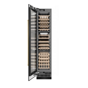 ZLINE Autograph Edition 18 in. 9.0 cu. ft. Triple Zone 68 Bottle Left Hinge Column Wine Cooler in Black Stainless Steel with Polished Gold Accents (RCWVLZ-BS-18-G) front, open.