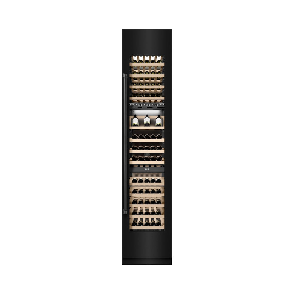 ZLINE 18 in. 9.0 cu. ft. Triple Zone 68 Bottle Right Hinge Column Wine Cooler in Black Stainless Steel (RCWVR-BS-18) front, closed.