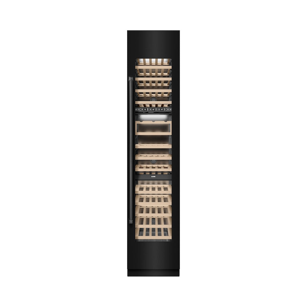 ZLINE 18 in. 9.0 cu. ft. Triple Zone 68 Bottle Right Hinge Column Wine Cooler in Black Stainless Steel (RCWVR-BS-18) front, closed.