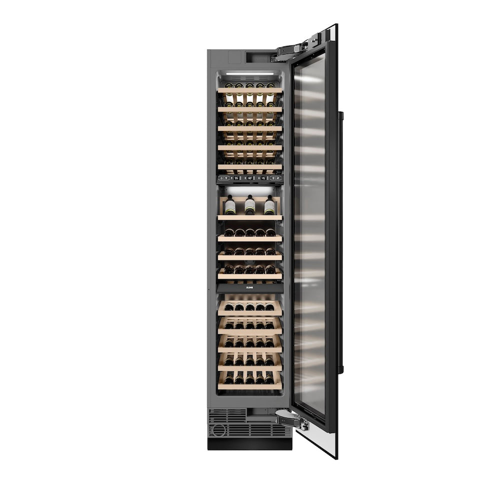 ZLINE 18 in. 9.0 cu. ft. Triple Zone 68 Bottle Right Hinge Column Wine Cooler in Black Stainless Steel (RCWVR-BS-18) front, open.