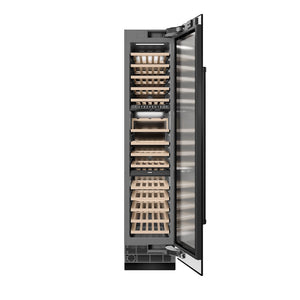 ZLINE 18 in. 9.0 cu. ft. Triple Zone 68 Bottle Right Hinge Column Wine Cooler in Black Stainless Steel (RCWVR-BS-18) front, open.