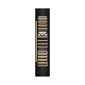 ZLINE Autograph Edition 18 in. 9.0 cu. ft. Triple Zone 68 Bottle Right Hinge Column Wine Cooler in Black Stainless Steel with Champagne Bronze Accents (RCWVRZ-BS-18-CB) front, closed.
