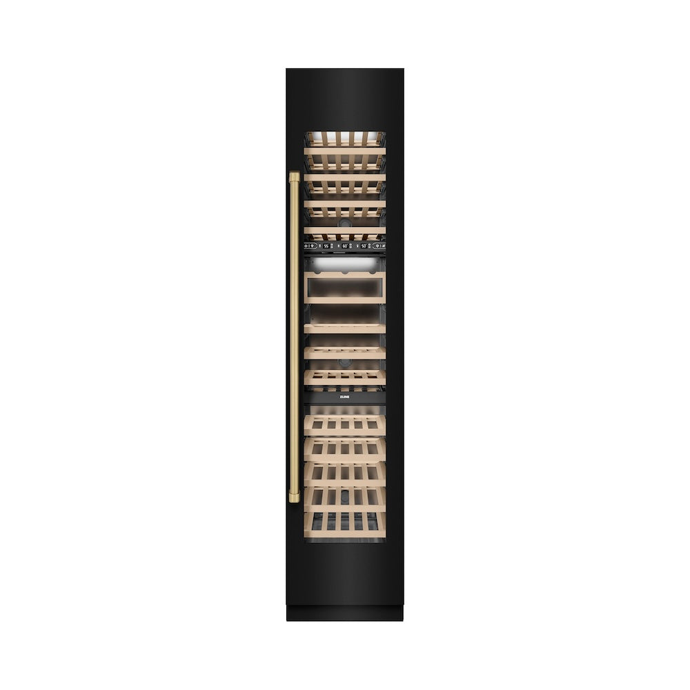 ZLINE Autograph Edition 18 in. 9.0 cu. ft. Triple Zone 68 Bottle Right Hinge Column Wine Cooler in Black Stainless Steel with Champagne Bronze Accents (RCWVRZ-BS-18-CB) front, closed.