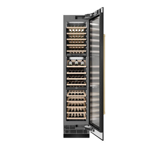 ZLINE Autograph Edition 18 in. 9.0 cu. ft. Triple Zone 68 Bottle Right Hinge Column Wine Cooler in Black Stainless Steel with Champagne Bronze Accents (RCWVRZ-BS-18-CB) front, open.
