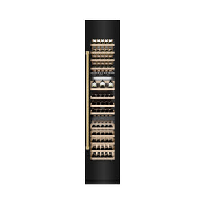 ZLINE Autograph Edition 18 in. 9.0 cu. ft. Triple Zone 68 Bottle Right Hinge Column Wine Cooler in Black Stainless Steel with Polished Gold Accents (RCWVRZ-BS-18-G) front, closed.