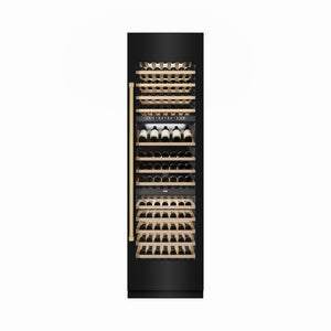 ZLINE Autograph Edition 24 in. 12.4 cu. ft. Triple Zone 100 Bottle Column Wine Cooler in Black Stainless Steel and Champagne Bronze Accents (RCWVZ-BS-24-CB) front, closed.