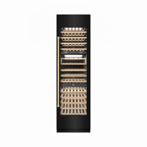 ZLINE Autograph Edition 24 in. 12.4 cu. ft. Triple Zone 100 Bottle Column Wine Cooler in Black Stainless Steel and Champagne Bronze Accents (RCWVZ-BS-24-CB) front, closed.