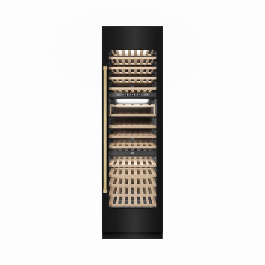 ZLINE Autograph Edition 24 in. 12.4 cu. ft. Triple Zone 100 Bottle Column Wine Cooler in Black Stainless Steel and Champagne Bronze Accents (RCWVZ-BS-24-CB) front, closed.