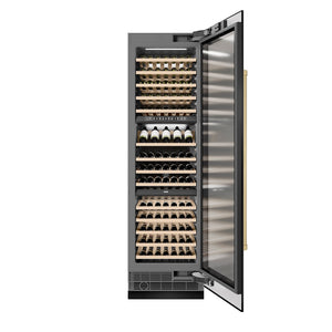ZLINE Autograph Edition 24 in. 12.4 cu. ft. Triple Zone 100 Bottle Column Wine Cooler in Black Stainless Steel and Champagne Bronze Accents (RCWVZ-BS-24-CB) front, open.
