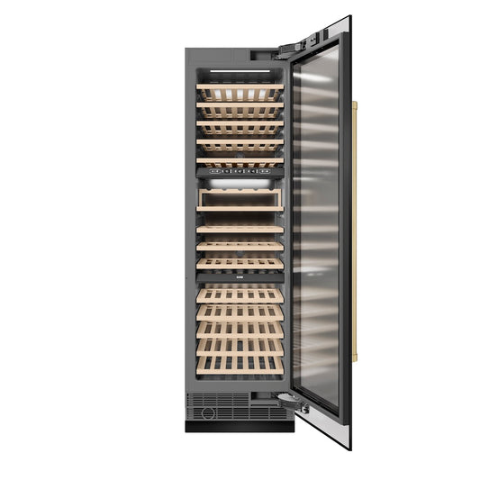 ZLINE Autograph Edition 24 in. 12.4 cu. ft. Triple Zone 100 Bottle Column Wine Cooler in Black Stainless Steel and Champagne Bronze Accents (RCWVZ-BS-24-CB) front, open.