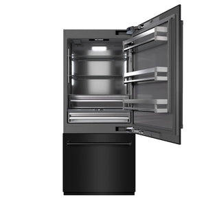 ZLINE 36 in. 19.8 cu. ft. Built-In Bottom Freezer Refrigerator with Water Dispenser and Ice Maker in Black Stainless Steel with Graphite Gray Interior (GRBIT-BS-36) front, open.