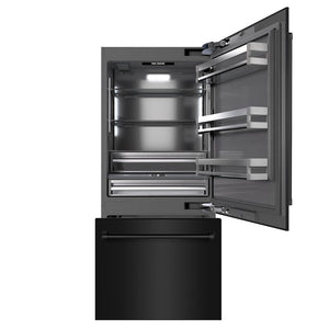 ZLINE 36 in. 19.8 cu. ft. Built-In Bottom Freezer Refrigerator with Water Dispenser and Ice Maker in Black Stainless Steel with Graphite Gray Interior (GRBIT-BS-36) front, open.