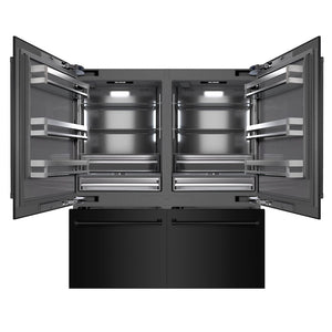 ZLINE 72 in. 39.6 cu. ft. French Door Built-In Bottom Freezer Refrigerator with Water Dispensers and Ice Makers in Black Stainless Steel with Graphite Gray Interior (GRBIT-BS-72) front, open.
