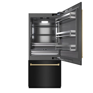 ZLINE Autograph Edition 36 in. 19.8 cu. ft. Built-In Bottom Freezer Refrigerator with Water Dispenser and Ice Maker in Black Stainless Steel with Graphite Gray Interior and Champagne Bronze Accents (GRBITZ-BS-36-CB) front, open.