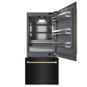 ZLINE Autograph Edition 36 in. 19.8 cu. ft. Built-In Bottom Freezer Refrigerator with Water Dispenser and Ice Maker in Black Stainless Steel with Graphite Gray Interior and Champagne Bronze Accents (GRBITZ-BS-36-CB) front, open.