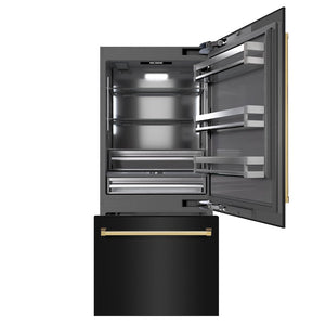 ZLINE Autograph Edition 36 in. 19.8 cu. ft. Built-In Bottom Freezer Refrigerator with Water Dispenser and Ice Maker in Black Stainless Steel with Graphite Gray Interior and Polished Gold Accents (GRBITZ-BS-36-G) front, open.