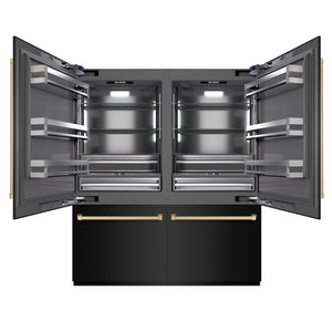 ZLINE Autograph Edition 72 in. 39.6 cu. ft. French Door Built-In Bottom Freezer Refrigerator with Water Dispensers and Ice Makers in Black Stainless Steel with Graphite Gray Interior and Champagne Bronze Accents (GRBITZ-BS-72-CB) front, open.