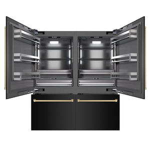 ZLINE Autograph Edition 72 in. 39.6 cu. ft. French Door Built-In Bottom Freezer Refrigerator with Water Dispensers and Ice Makers in Black Stainless Steel with Graphite Gray Interior and Champagne Bronze Accents (GRBITZ-BS-72-CB) front, open.