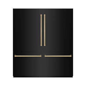 ZLINE Autograph Edition 72 in. 39.6 cu. ft. French Door Built-In Bottom Freezer Refrigerator with Water Dispensers and Ice Makers in Black Stainless Steel with Graphite Gray Interior and Polished Gold Accents (GRBITZ-BS-72-G) front, closed.