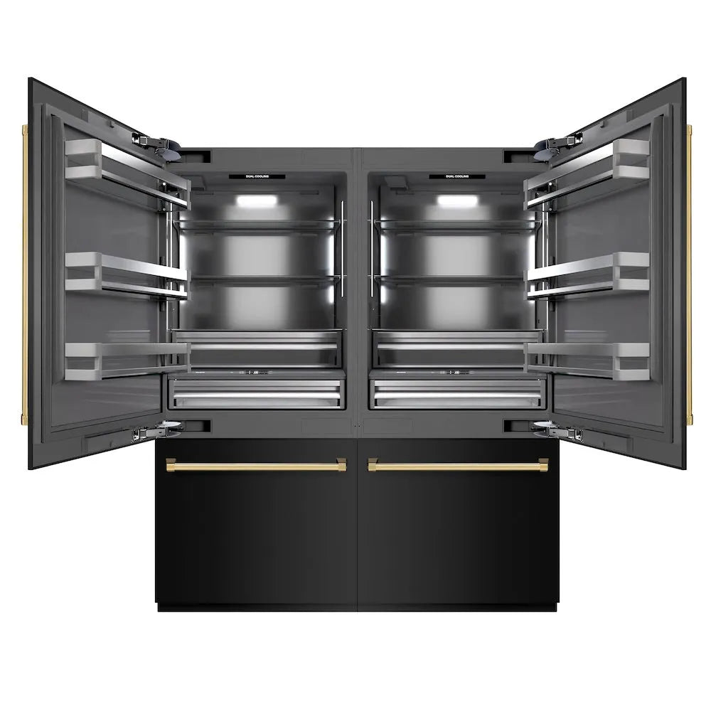 ZLINE Autograph Edition 72 in. 39.6 cu. ft. French Door Built-In Bottom Freezer Refrigerator with Water Dispensers and Ice Makers in Black Stainless Steel with Graphite Gray Interior and Polished Gold Accents (GRBITZ-BS-72-G) main image.