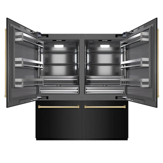 ZLINE Autograph Edition 72 in. 39.6 cu. ft. French Door Built-In Bottom Freezer Refrigerator with Water Dispensers and Ice Makers in Black Stainless Steel with Graphite Gray Interior and Polished Gold Accents (GRBITZ-BS-72-G) main image.