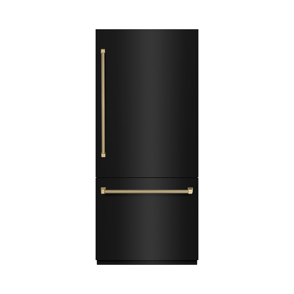 ZLINE Autograph Edition 36 in. 19.8 cu. ft. Built-In Bottom Freezer Refrigerator with Water Dispenser and Ice Maker in Black Stainless Steel with Graphite Gray Interior and Champagne Bronze Helix Handles (GRBITZ-BS36-KCB) front, closed.