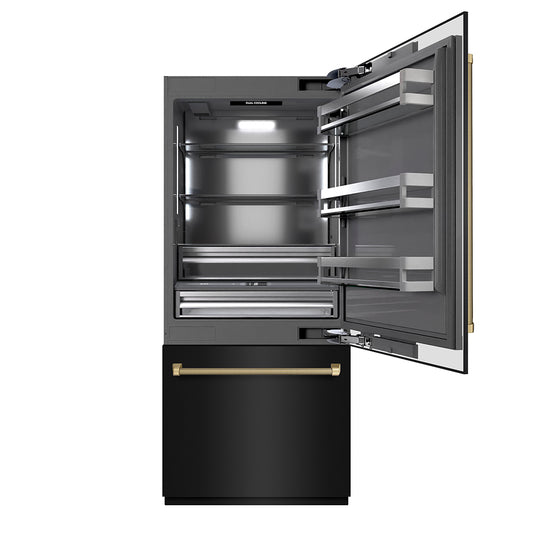 ZLINE Autograph Edition 36 in. 19.8 cu. ft. Built-In Bottom Freezer Refrigerator with Water Dispenser and Ice Maker in Black Stainless Steel with Graphite Gray Interior and Champagne Bronze Helix Handles (GRBITZ-BS36-KCB) front, refrigeration compartment open.