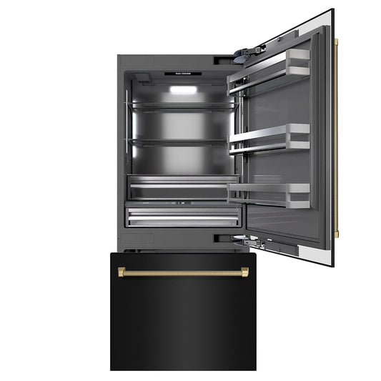 ZLINE Autograph Edition 36 in. 19.8 cu. ft. Built-In Bottom Freezer Refrigerator with Water Dispenser and Ice Maker in Black Stainless Steel with Graphite Gray Interior and Champagne Bronze Helix Handles (GRBITZ-BS36-KCB)