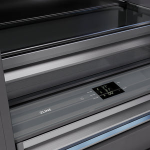 ZLINE Autograph Edition 36 in. 19.8 cu. ft. Built-In Bottom Freezer Refrigerator with Water Dispenser and Ice Maker in Black Stainless Steel with Graphite Gray Interior and Polished Gold Helix Handles (GRBITZ-BS36-KG) digital display and touchpanel.