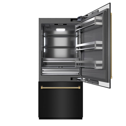 ZLINE Autograph Edition 36 in. 19.8 cu. ft. Built-In Bottom Freezer Refrigerator with Water Dispenser and Ice Maker in Black Stainless Steel with Graphite Gray Interior and Polished Gold Helix Handles (GRBITZ-BS36-KG)