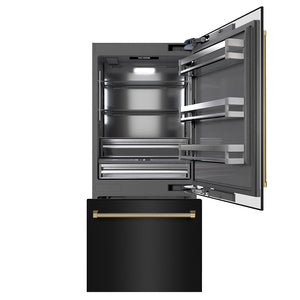 ZLINE Autograph Edition 36 in. 19.8 cu. ft. Built-In Bottom Freezer Refrigerator with Water Dispenser and Ice Maker in Black Stainless Steel with Graphite Gray Interior and Polished Gold Helix Handles (GRBITZ-BS36-KG) front, refrigeration compartment and bottom freezer drawer open.