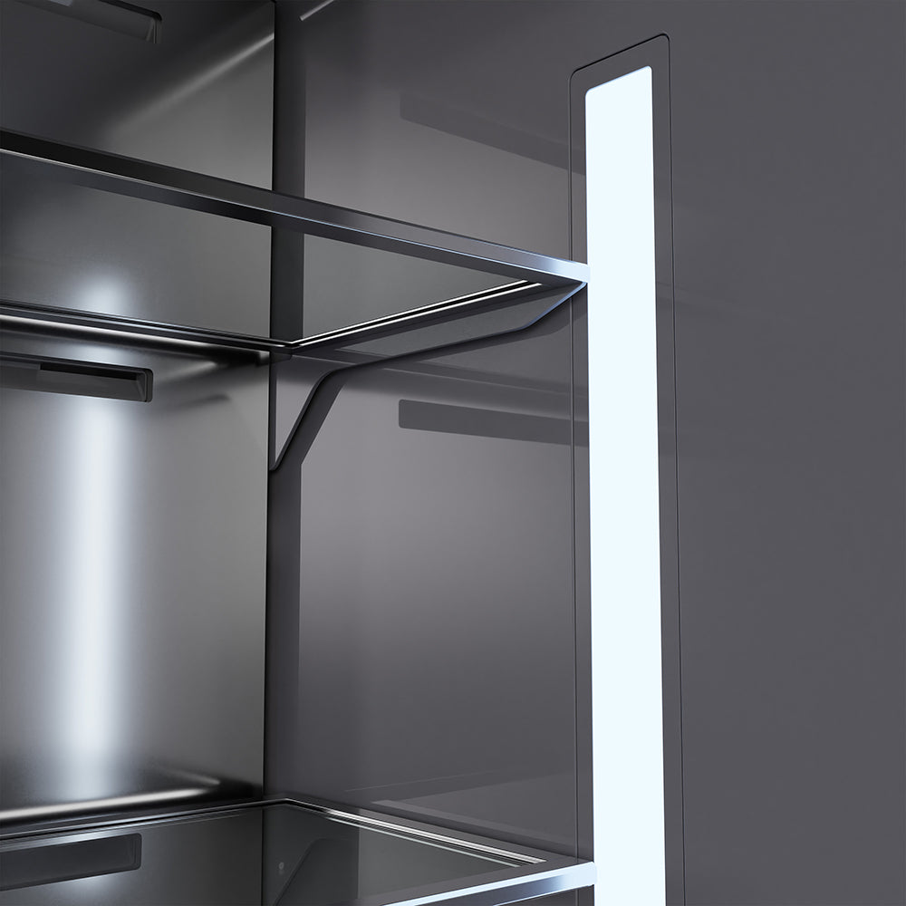 ZLINE Autograph Edition 72 in. 39.6 cu. ft. French Door Built-In Bottom Freezer Refrigerator with Water Dispensers and Ice Makers in Black Stainless Steel with Graphite Gray Interior and Champagne Bronze Helix Handles (GRBITZ-BS72-KCB) LED lighting inside refrigeration compartment.