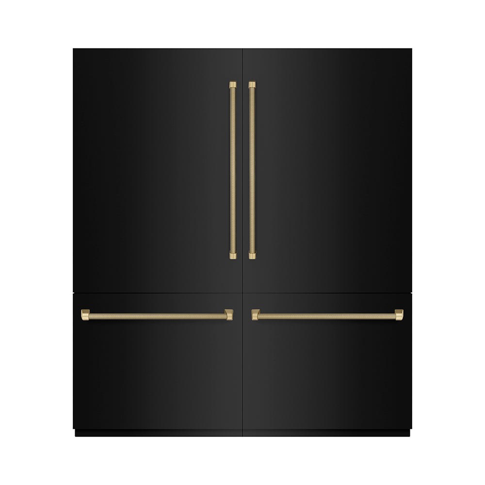 ZLINE Autograph Edition 72 in. 39.6 cu. ft. French Door Built-In Bottom Freezer Refrigerator with Water Dispensers and Ice Makers in Black Stainless Steel with Graphite Gray Interior and Champagne Bronze Helix Handles (GRBITZ-BS72-KCB) front, closed.