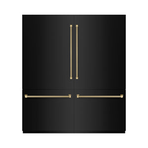 ZLINE Autograph Edition 72 in. 39.6 cu. ft. French Door Built-In Bottom Freezer Refrigerator with Water Dispensers and Ice Makers in Black Stainless Steel with Graphite Gray Interior and Champagne Bronze Helix Handles (GRBITZ-BS72-KCB) front, closed.