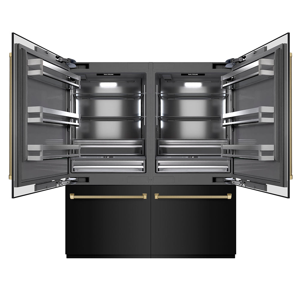 ZLINE Autograph Edition 72 in. 39.6 cu. ft. French Door Built-In Bottom Freezer Refrigerator with Water Dispensers and Ice Makers in Black Stainless Steel with Graphite Gray Interior and Champagne Bronze Helix Handles (GRBITZ-BS72-KCB) front, open.