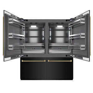 ZLINE Autograph Edition 72 in. 39.6 cu. ft. French Door Built-In Bottom Freezer Refrigerator with Water Dispensers and Ice Makers in Black Stainless Steel with Graphite Gray Interior and Champagne Bronze Helix Handles (GRBITZ-BS72-KCB) front, open.