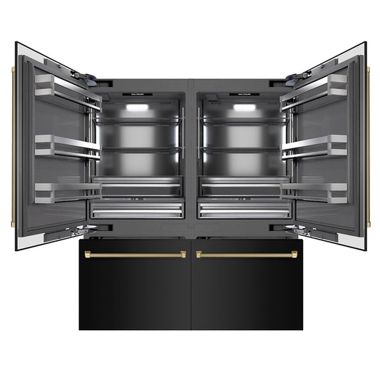 ZLINE Autograph Edition 72 in. 39.6 cu. ft. French Door Built-In Bottom Freezer Refrigerator with Water Dispensers and Ice Makers in Black Stainless Steel with Graphite Gray Interior and Champagne Bronze Helix Handles (GRBITZ-BS72-KCB)