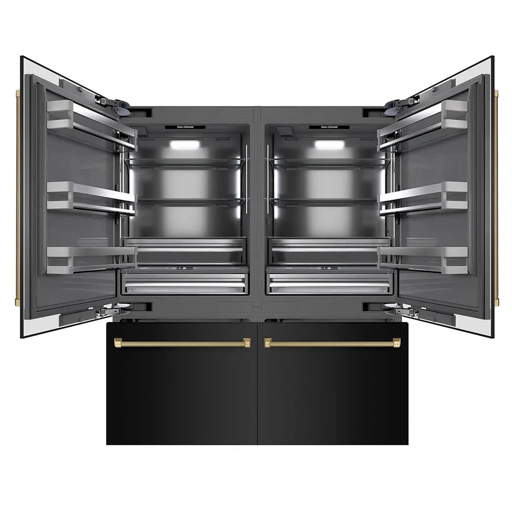 ZLINE Autograph Edition 72 in. 39.6 cu. ft. French Door Built-In Bottom Freezer Refrigerator with Water Dispensers and Ice Makers in Black Stainless Steel with Graphite Gray Interior and Champagne Bronze Helix Handles (GRBITZ-BS72-KCB) main image.