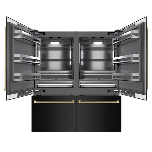 ZLINE Autograph Edition 72 in. 39.6 cu. ft. French Door Built-In Bottom Freezer Refrigerator with Water Dispensers and Ice Makers in Black Stainless Steel with Graphite Gray Interior and Champagne Bronze Helix Handles (GRBITZ-BS72-KCB) main image.
