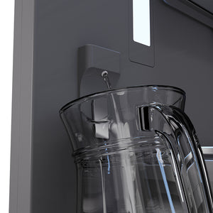 ZLINE Autograph Edition 72 in. 39.6 cu. ft. French Door Built-In Bottom Freezer Refrigerator with Water Dispensers and Ice Makers in Black Stainless Steel with Graphite Gray Interior and Champagne Bronze Helix Handles (GRBITZ-BS72-KCB) filling a clear glass pitcher with internal water dispenser.