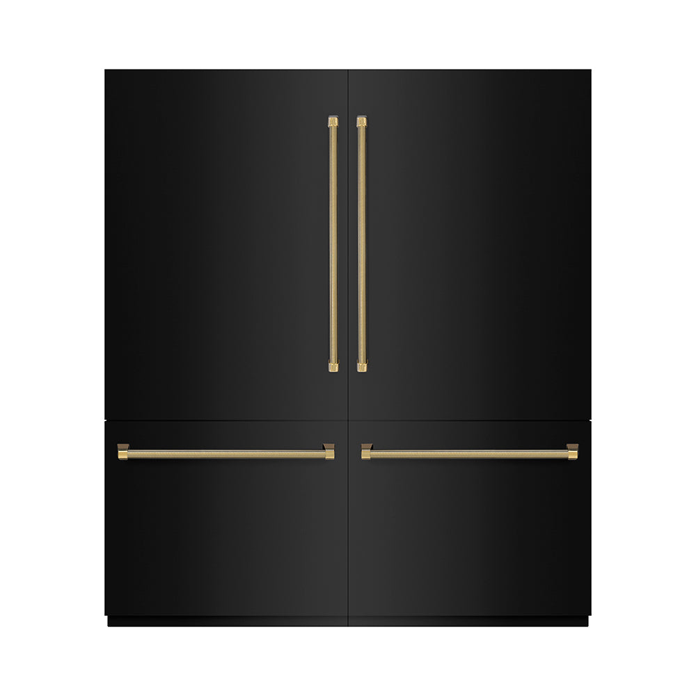 ZLINE Autograph Edition 72 in. 39.6 cu. ft. French Door Built-In Bottom Freezer Refrigerator with Water Dispensers and Ice Makers in Black Stainless Steel with Graphite Gray Interior and Polished Gold Helix Handles (GRBITZ-BS-72-KG) front, closed.