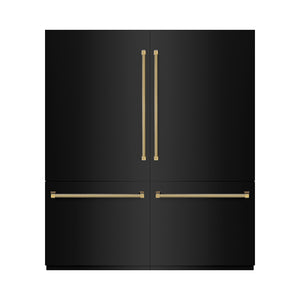 ZLINE Autograph Edition 72 in. 39.6 cu. ft. French Door Built-In Bottom Freezer Refrigerator with Water Dispensers and Ice Makers in Black Stainless Steel with Graphite Gray Interior and Polished Gold Helix Handles (GRBITZ-BS-72-KG) front, closed.