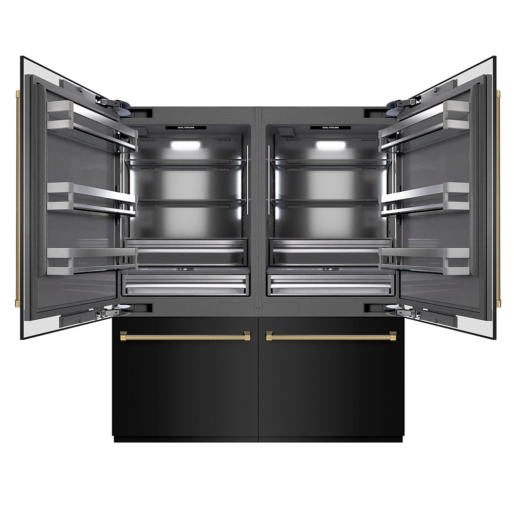ZLINE Autograph Edition 72 in. 39.6 cu. ft. French Door Built-In Bottom Freezer Refrigerator with Water Dispensers and Ice Makers in Black Stainless Steel with Graphite Gray Interior and Polished Gold Helix Handles (GRBITZ-BS-72-KG) front, open.