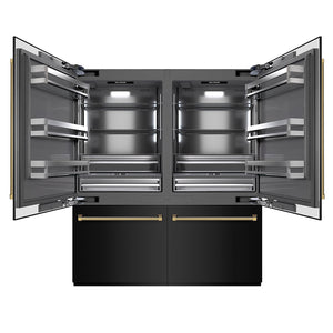 ZLINE Autograph Edition 72 in. 39.6 cu. ft. French Door Built-In Bottom Freezer Refrigerator with Water Dispensers and Ice Makers in Black Stainless Steel with Graphite Gray Interior and Polished Gold Helix Handles (GRBITZ-BS-72-KG) front, open.